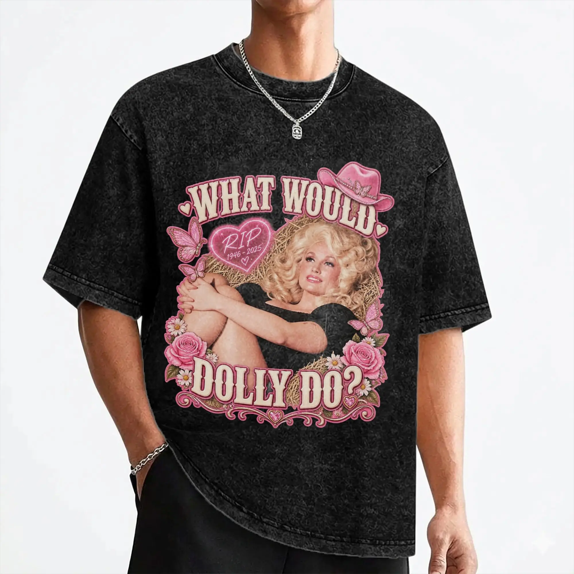 Singer D-Dolly Parton T Shirt Washed Cotton High Street T-Shirts  Vintage for Men Women Streetwear Summer Tees