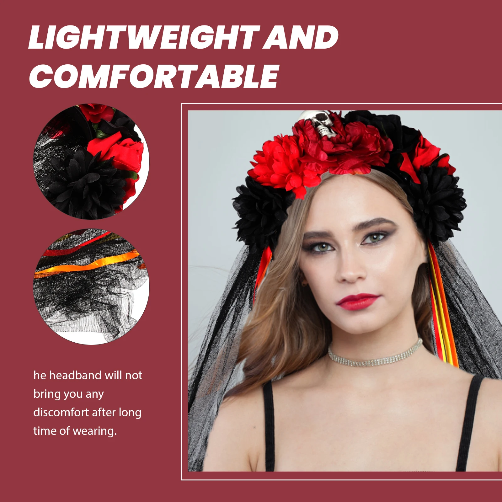 

Skull Flower Halloween Costume Party Props Veil Decorations Red Simulation Flower Veil Headband Yellow Rose ColorsLong