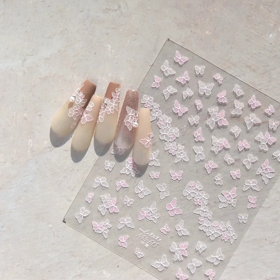 Elegante roze en witte raster vlinder hoge kwaliteit nail art stickers zelfklevende bruiloft ontwerp DIY nagelstickers decoraties MS-614