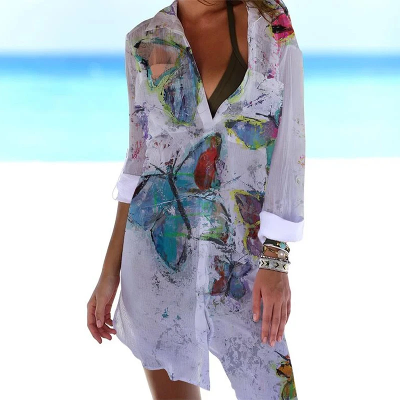 Hawaii Butterfly Printed Shirt Dress for Women Ladies Beach Sexy Blouses Outwear Shirt Long Sleeve Maxi Dress Vestidos Mujer