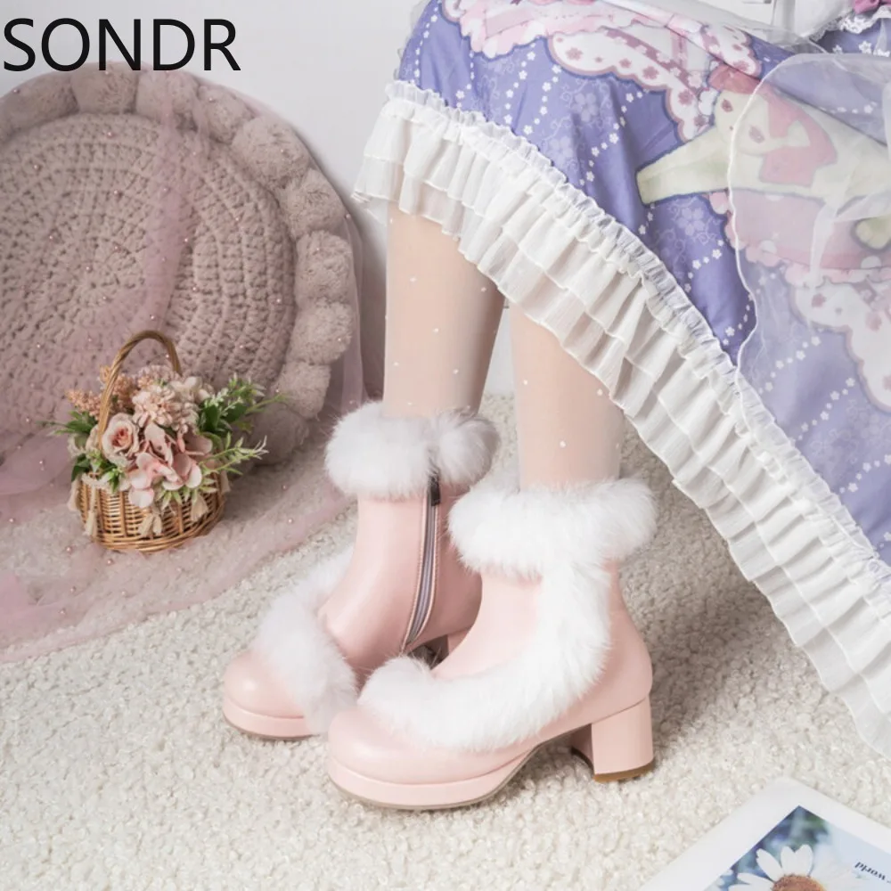 Womens Round Toe Ankle Boots Real Rabbit Fur Hanfu Chinese Styles Lolita Sweet Warm Winter Block Heel Shoes Plus Size 