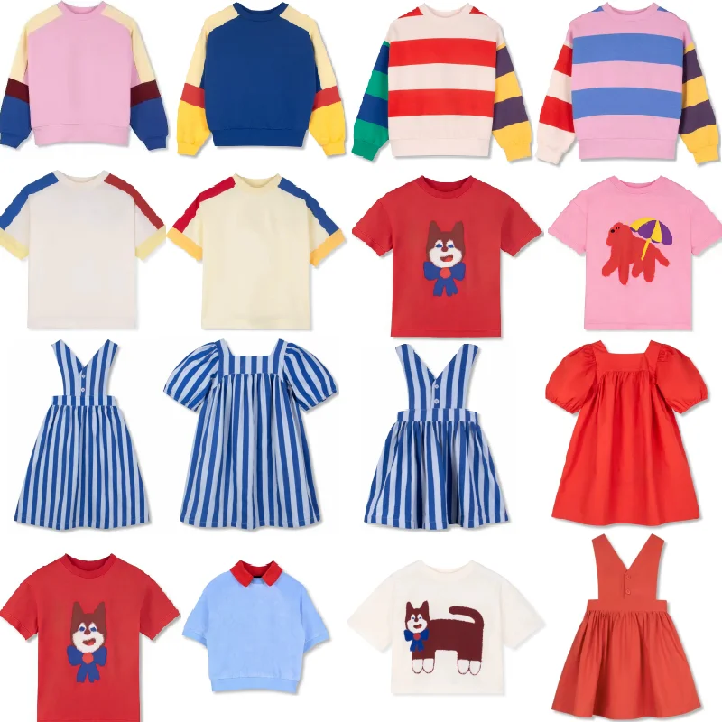 

Детская футболка 2026: Новая летняя коллекция, модная спортивная одежда для мальчиков и девочек, хлопковая футболка с милым мультяшным принтом, синяя полосатая футболка, платье для девочек