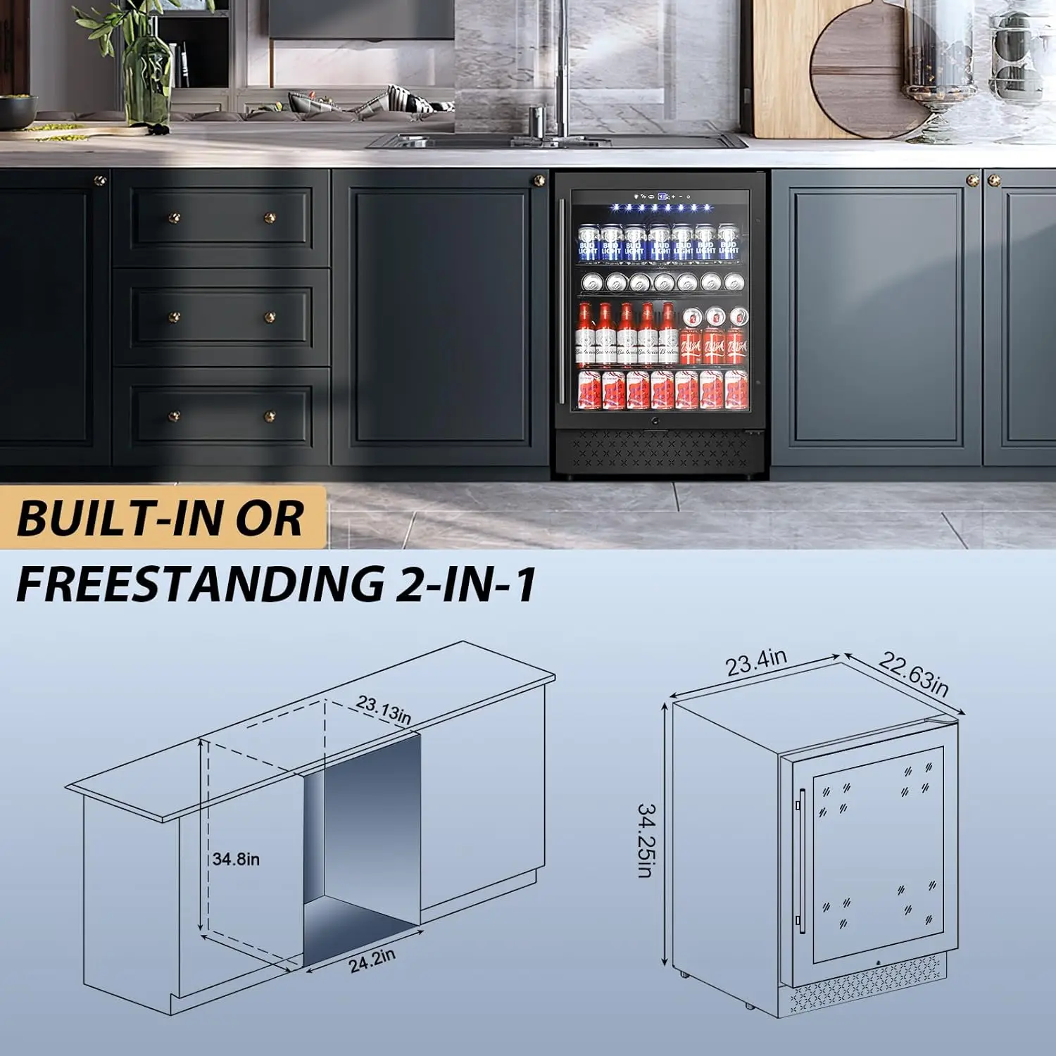 ثلاجة 24 بوصة، ثلاجة مشروبات قائمة بذاتها، مبرد مشروبات 190 علبة مع باب زجاجي، تبريد سريع - للبيرة