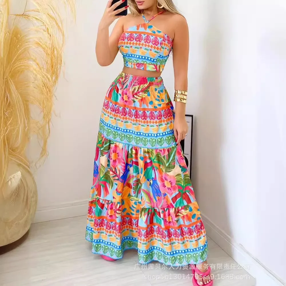 

Tropical Print Halter Top & Maxi Skirt Set Women Summer Sleeveless Camis Tanks Tops High Waist Loose Skirt