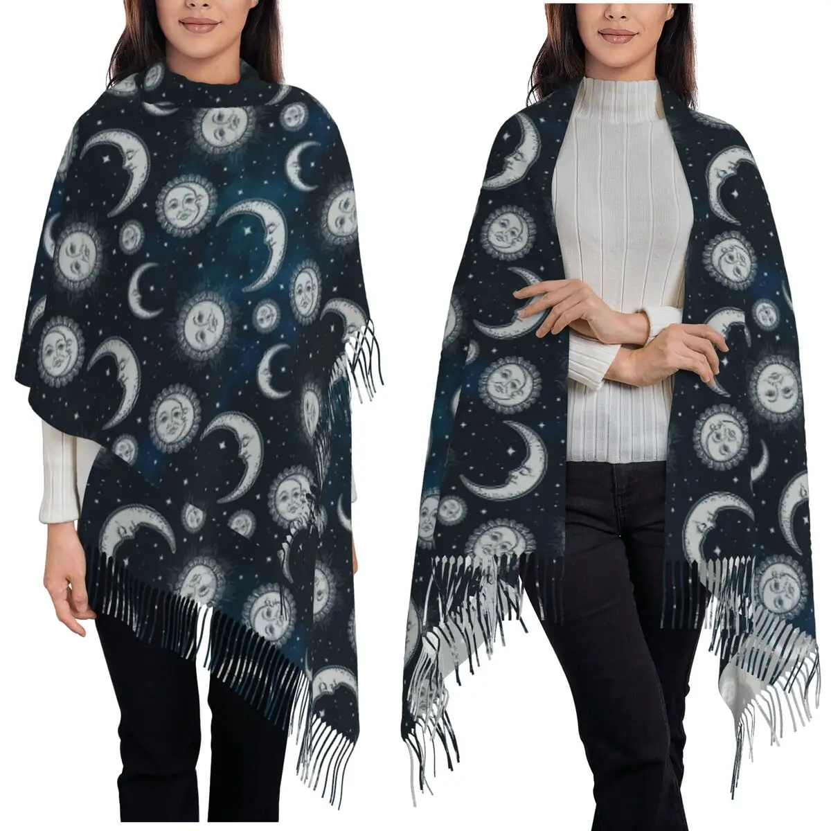 Celestial Mystic Esoteric Magic Sun Moon Scarf Tassel Scarves for Women Soft Warm Shawls and Wraps Large Fall Winter Shawl Wrap