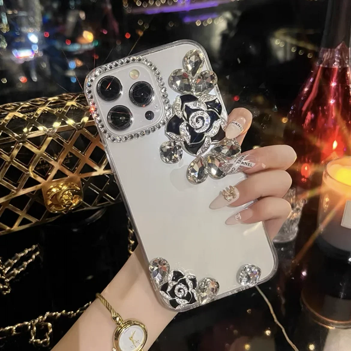 3D 블링 다이아몬드 동백꽃 반짝이 크리스탈 휴대폰 케이스, 화웨이 iP30 P50Pro P40lite Mate30 40, Honor8X 9X 50 60Pro 커버