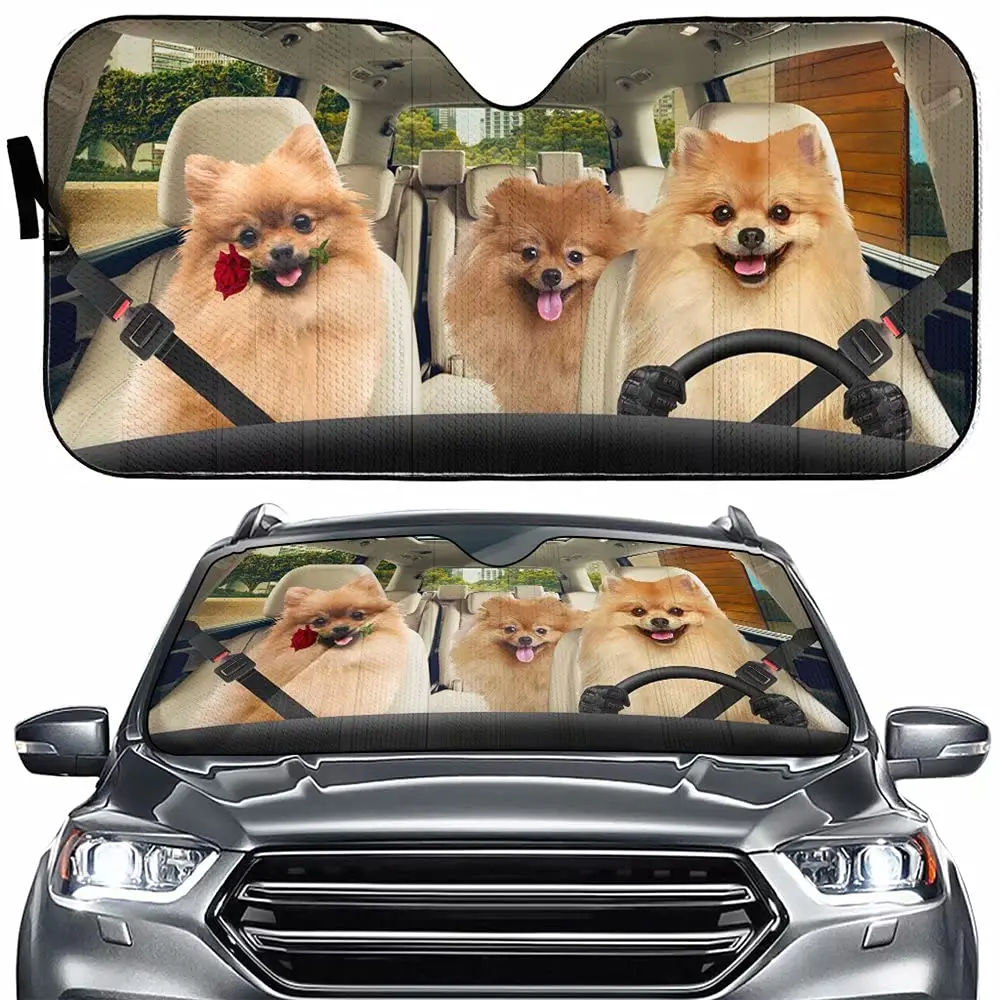 Pomeranian Puppy Car Sun Shade for Front Windshield, Funny Animal Curtain Sun Visor for Car Keep Your Vehicle Cool, UV Sun and H