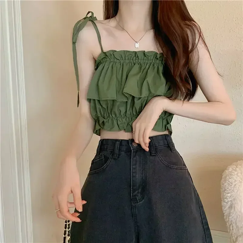 Women Summer Crop Camisoles 2024 Low-Cut Sling Plain Ruffle Ruched Short Tops Ladies Shoulder Straps Tie Slim Navel Vest