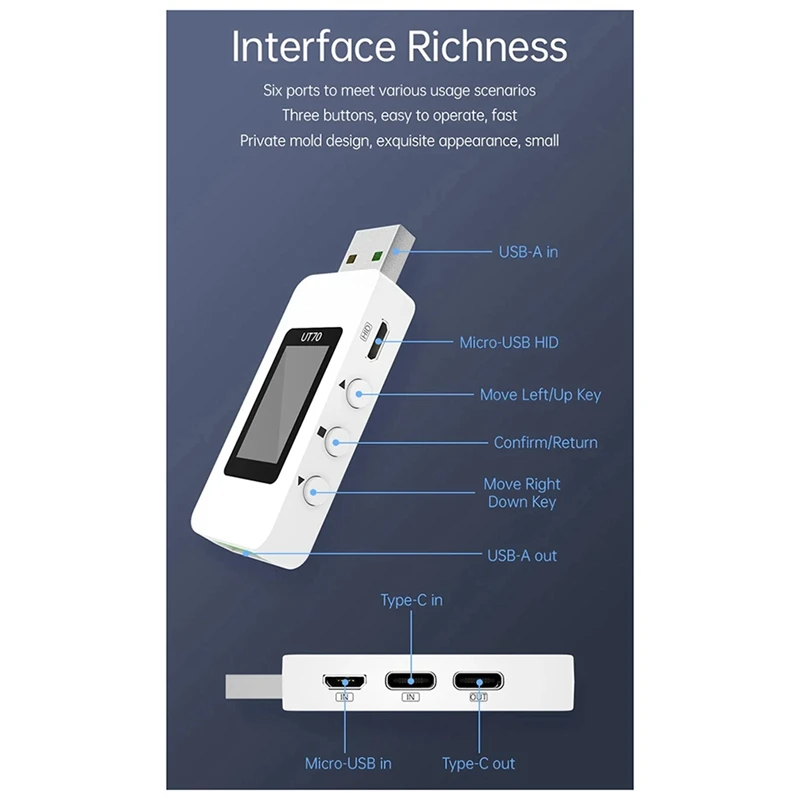 UT70 USB Tester Digital Voltmeter Ammeter Capacity Measurement Waveform Display Electrician TYPE-C Detection Trigger