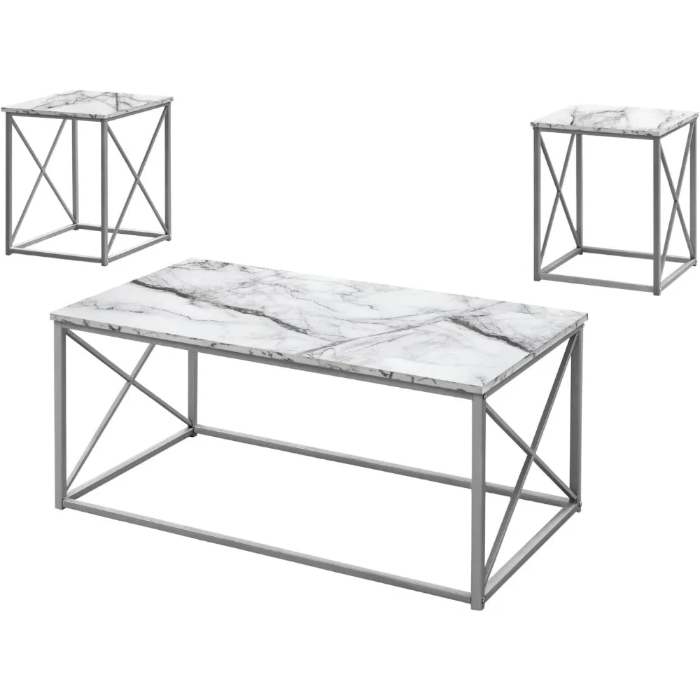 Table Set, 3pcs Set, Coffee, End, Side, Accent, Living Room, Metal, Laminate, White Marble Look, Gre