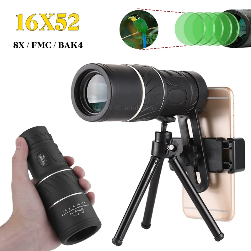 16x52 HD Portable Green Film Monocular Telescope,For Birdwatching Hiking Concert Photography Powerful Long Range Spyglass