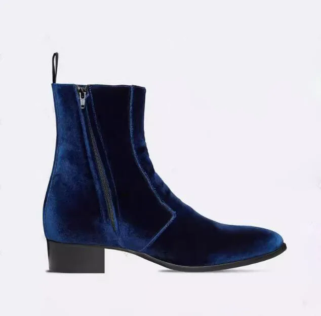 Noble Blue Burgundy Velvet Square Heel Men Ankle Boots Pointed Toe Zipper Back Wine Red Solid Man Chelsea Boots Zapatos Hombres