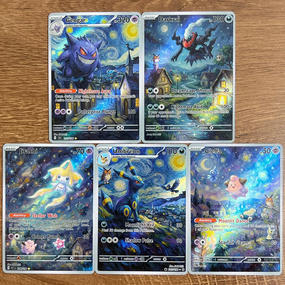 cartas-pokemon-ptcg-5-pecas-criativas-raras-holo-umbreon-jirachi-gengar-darkrai-cleffa-estilo-crayon-presente