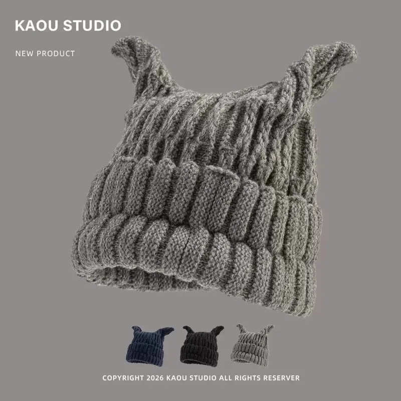 Y2K Devil Horn Knit Beanies for Women Thick Cable Ribbed Knitted Cap Winter Warm Cool Personality Streetwear Pullover Skullies