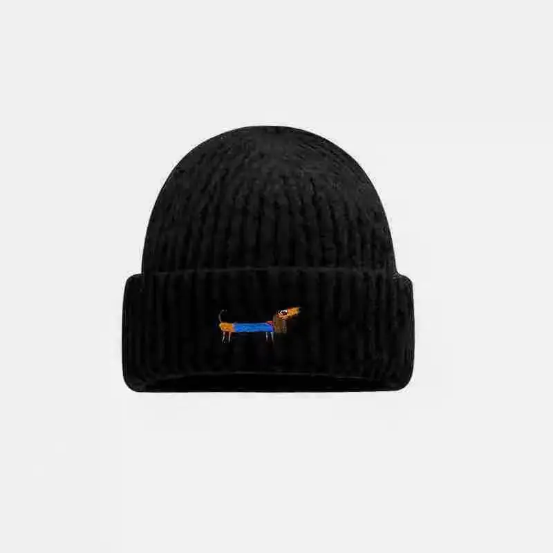 Unisex Korean Warm Embroidered Puppy Knitted Hat Autumn Winter Small Woolen Face Covering Travel Hat for Men Women 6