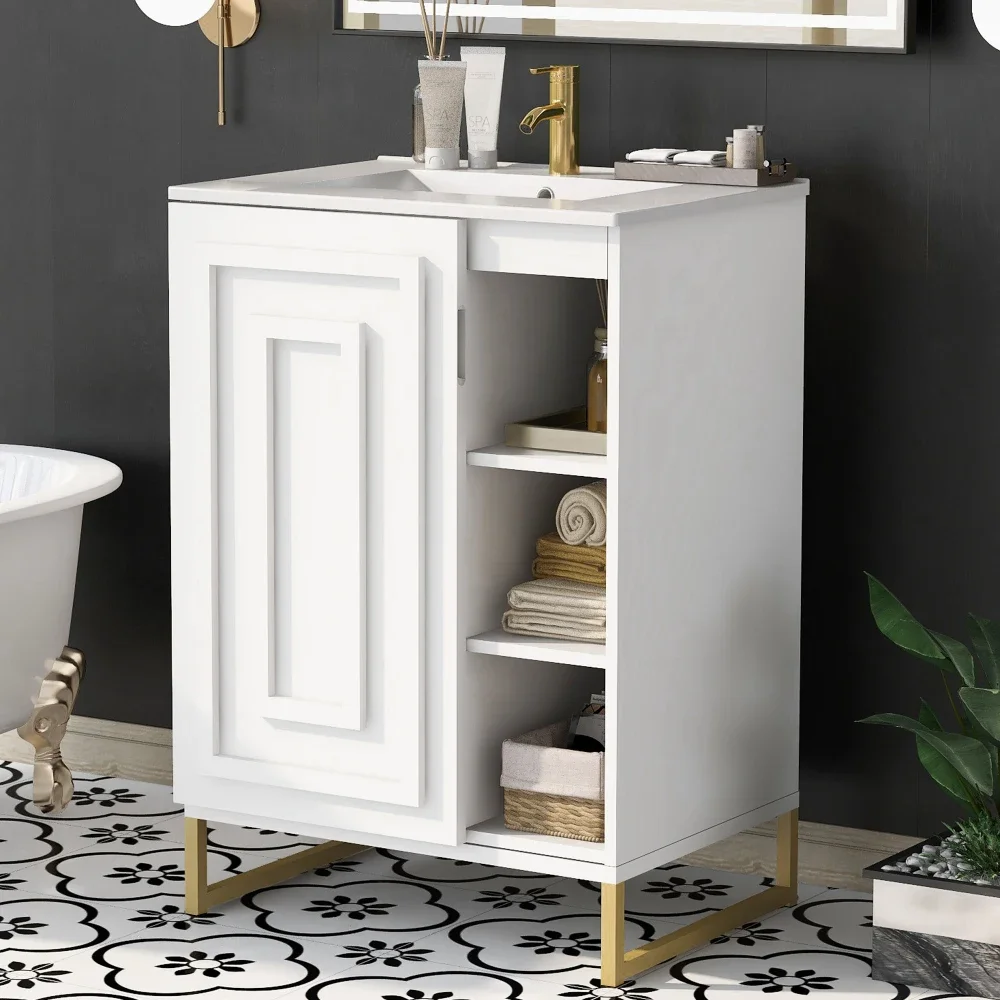 24 Inch White Bathroom Vanity Sink Combo for Small Space, Modern Design with Ceramic Basin, Gold Legs and Semi-open Storage