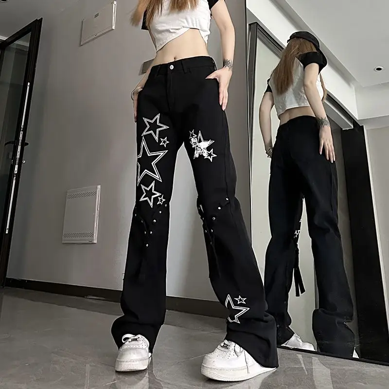 Denim Pants for Women High Waist Shot Star Bell Bottom Trousers Hippie Black Womens Jeans Cool Aesthetic Retro Fashion Casual Z
