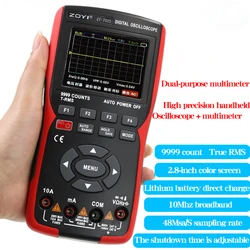 ZOYI ZT-702S 2 w 1 ręczny cyfrowy oscyloskop samochodowy multimetr, jednokanałowa szerokość pasma 10 MHZ, długość rekordu 64 Kbyte, 48