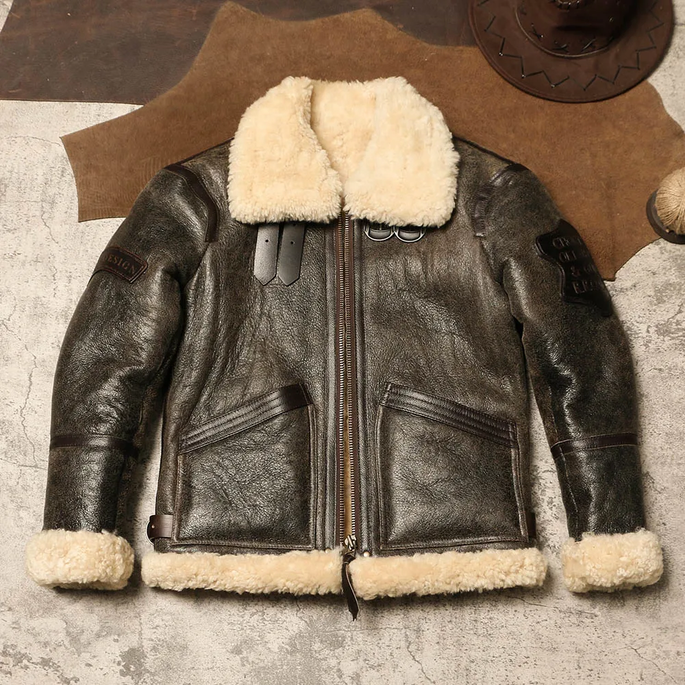 Winter Ecological Sheepskin Fur Integrated Slim Fit and Warm Genuine Leather Jacket with Retro Work Attire and Turtle Crack Fur