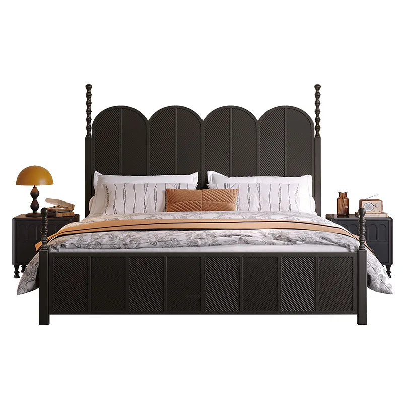

French Vintage Medieval Full Solid Wood Bed Carved Roman Column Black, Bed