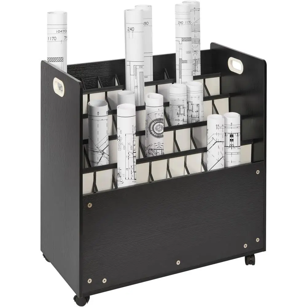 

Mobile Wooden Blueprint Storage Cart 50 Slot Roll File Holder with Wheels Plan Organizer for office and Home