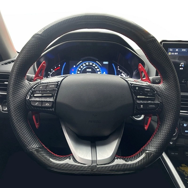 Car Steering Wheel Braid Cover For Hyundai Veloster 2019 i30 2017-2019 Elantra 2019 Hand Sewing Black Carbon Fiber Leather