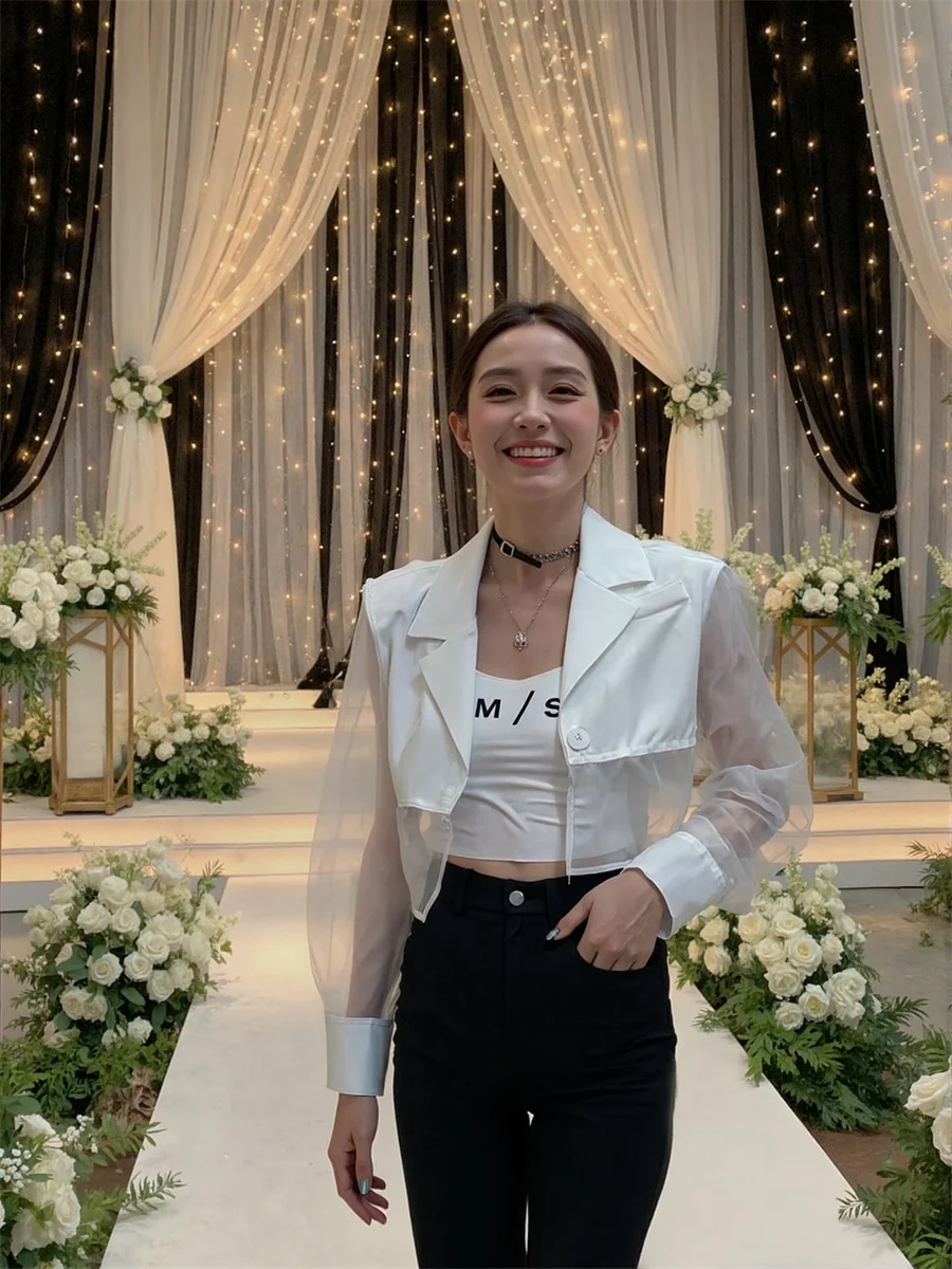 Blazer court transparent résistant au soleil avec fente au dos, vêtements élégants pour femmes, motif Extra-long plissé, doré, solide, carrière