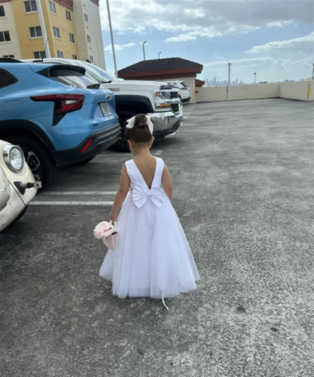 Lovely Flower Girl Dress for Wedding Pearls with Bow-Knot Belt Kids Princess Communion Pageant Ball Gown Customized