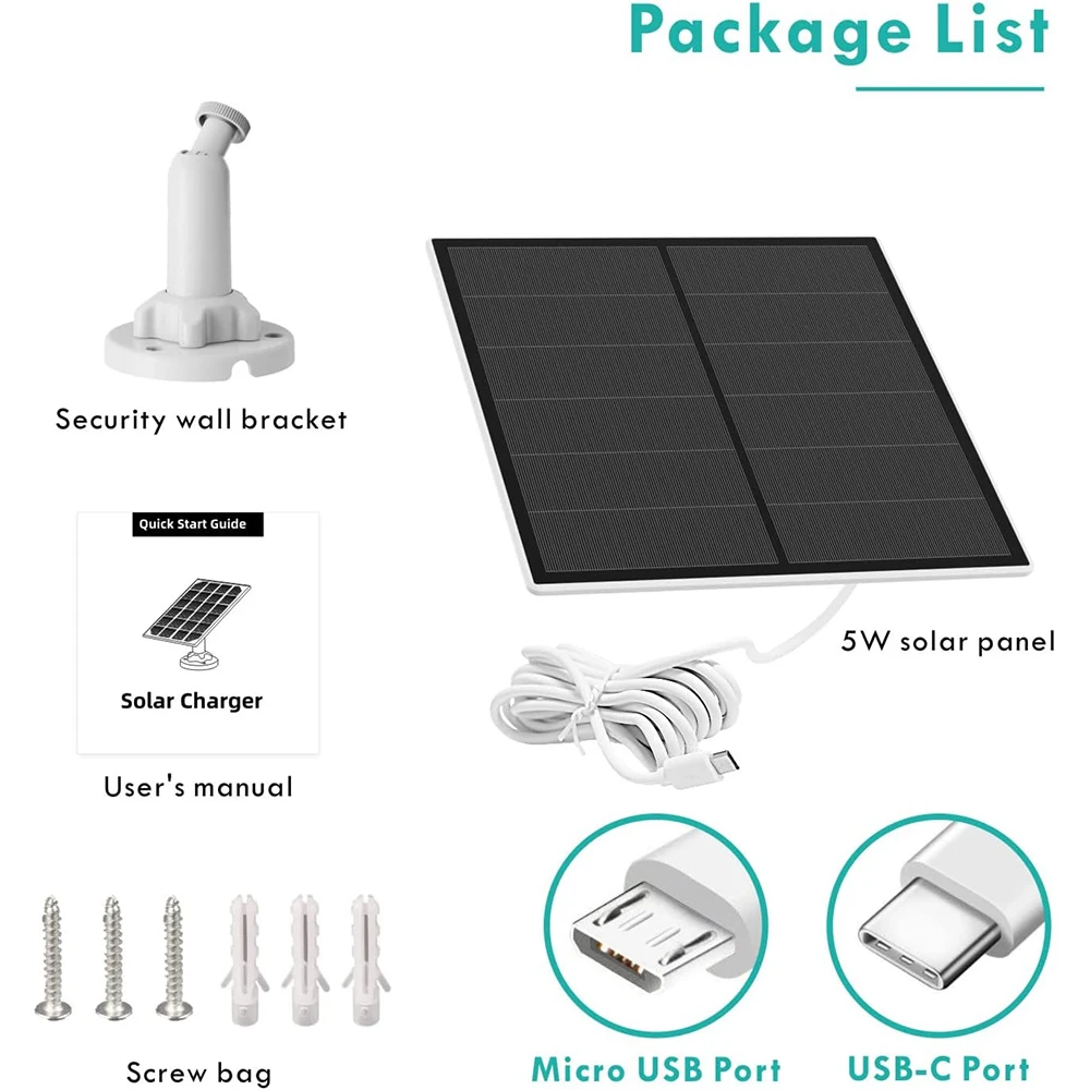 Waterproof Outdoor 5W Solar Panel, IP65, 10ft (3m) Cable Length, Type-C/Micro-USB Port for Recharge Security Camera, Power Bank