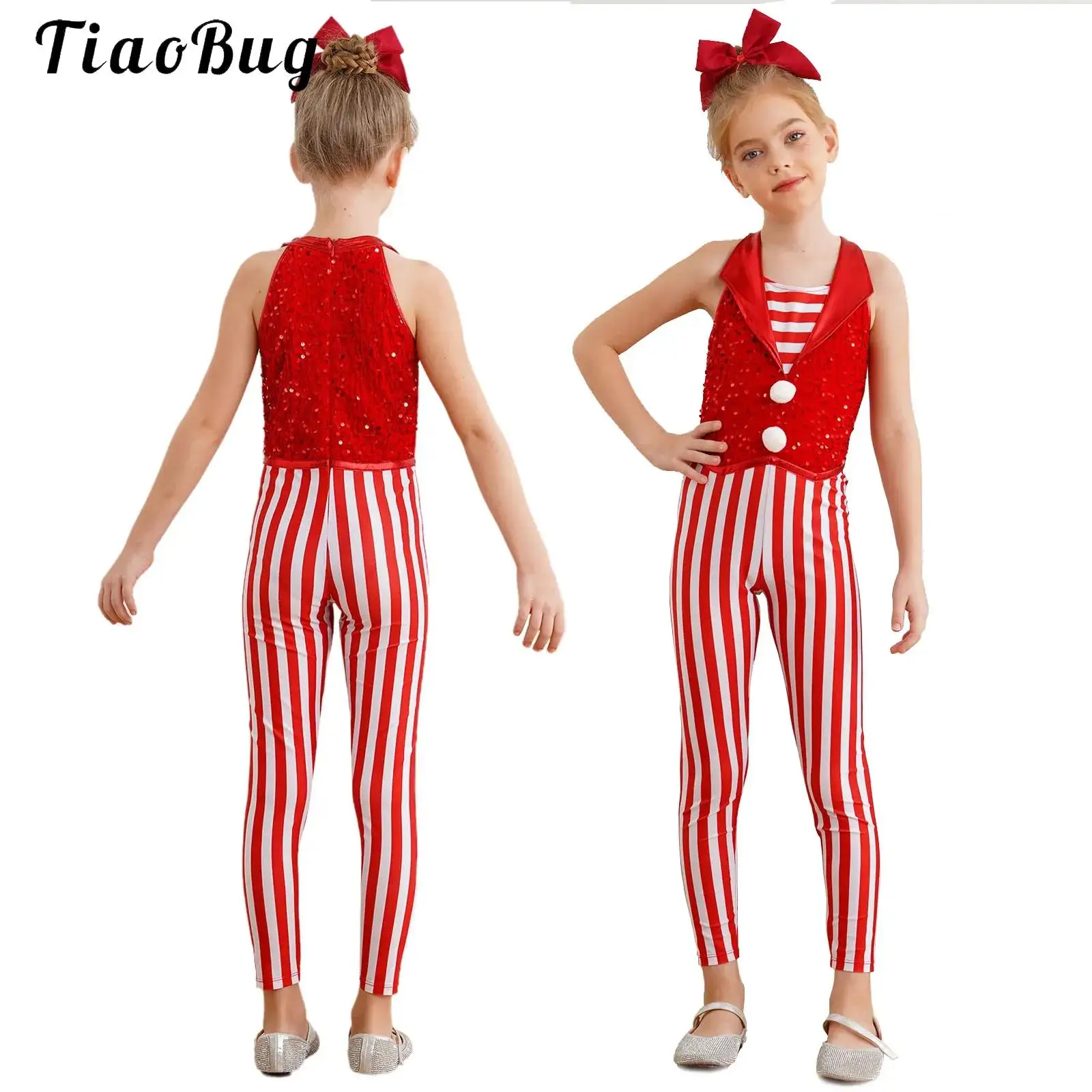 

Candy Cane Striped Sequin Jumpsuit for Kids Girl Christmas Ballet Dance Gymnastics Figure Skating Leotard Full Bodysuit Costume