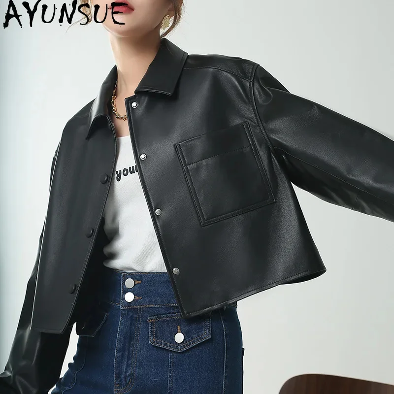 Genuine AYUNSUE Sheep Skin Leather Jacket Women 2024 Korean Fashion Short Jackets Real Coat Chaqueta De Cuero Mujer