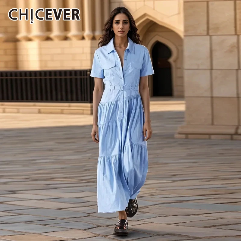 

CHICEVER Solid Pleated Dresses For Women Lapel Short Sleeve Singe Breasted High Waist Spliced Belt Casual Maxi Dress Female New