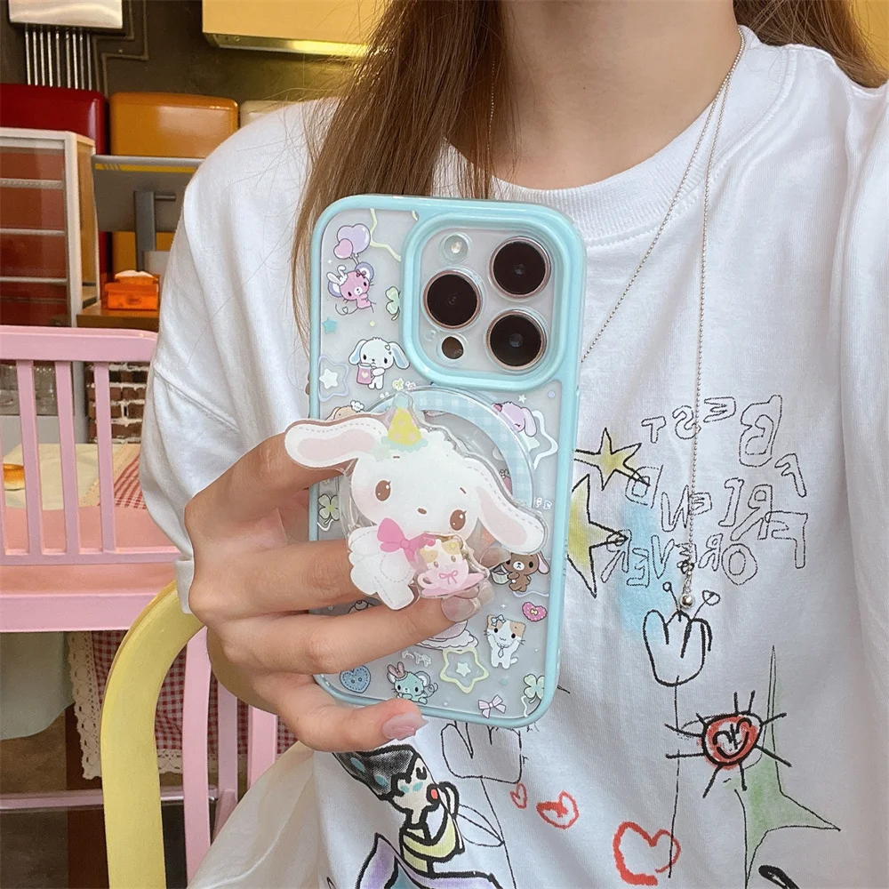 

Cute cartoon rabbit Rotate magnetic stand phone case For iPhone 14 15 pro 16 Pro Max cover with Magsafe Clean protective cover