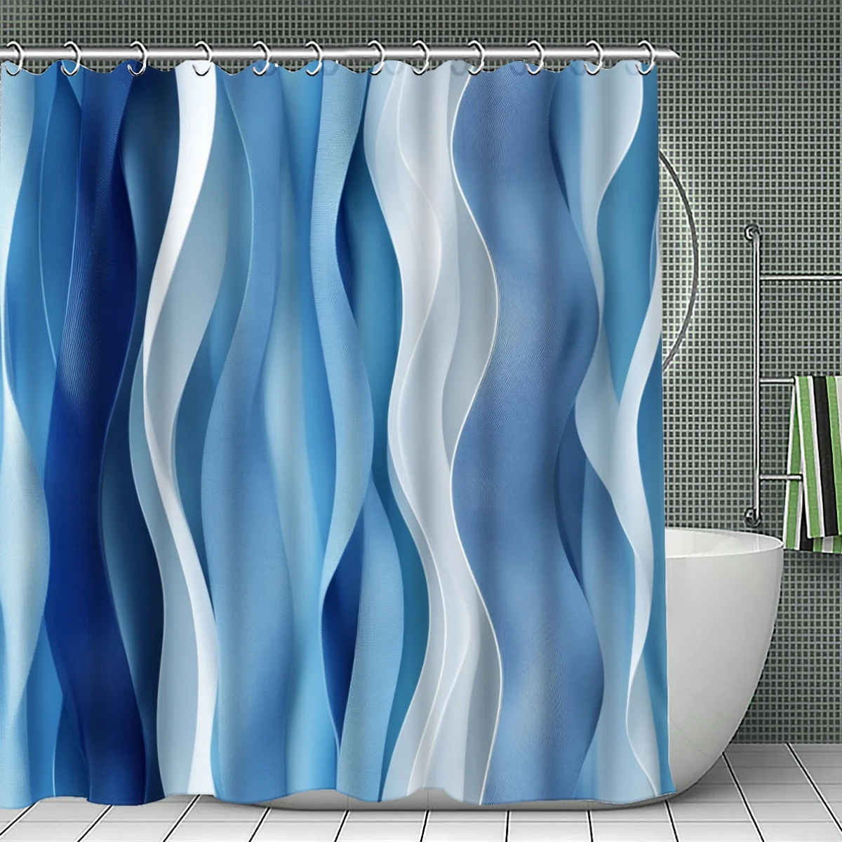 1pc Blue White Wave Shower Curtain, Bathroom Decor, Multi-Size Options (120X180Cm, 150X180Cm, 180X180Cm, 180X200Cm, 240X200Cm),