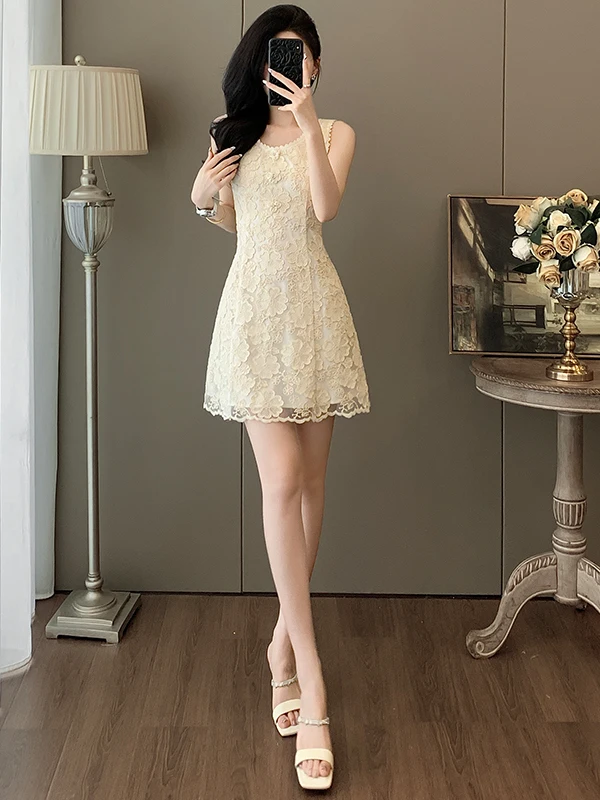 

Elegant Lace Sleeveless Dress Women's Summer New Style Hot Body Shape Slimming Waist Cinched Fashionable Short Skirt