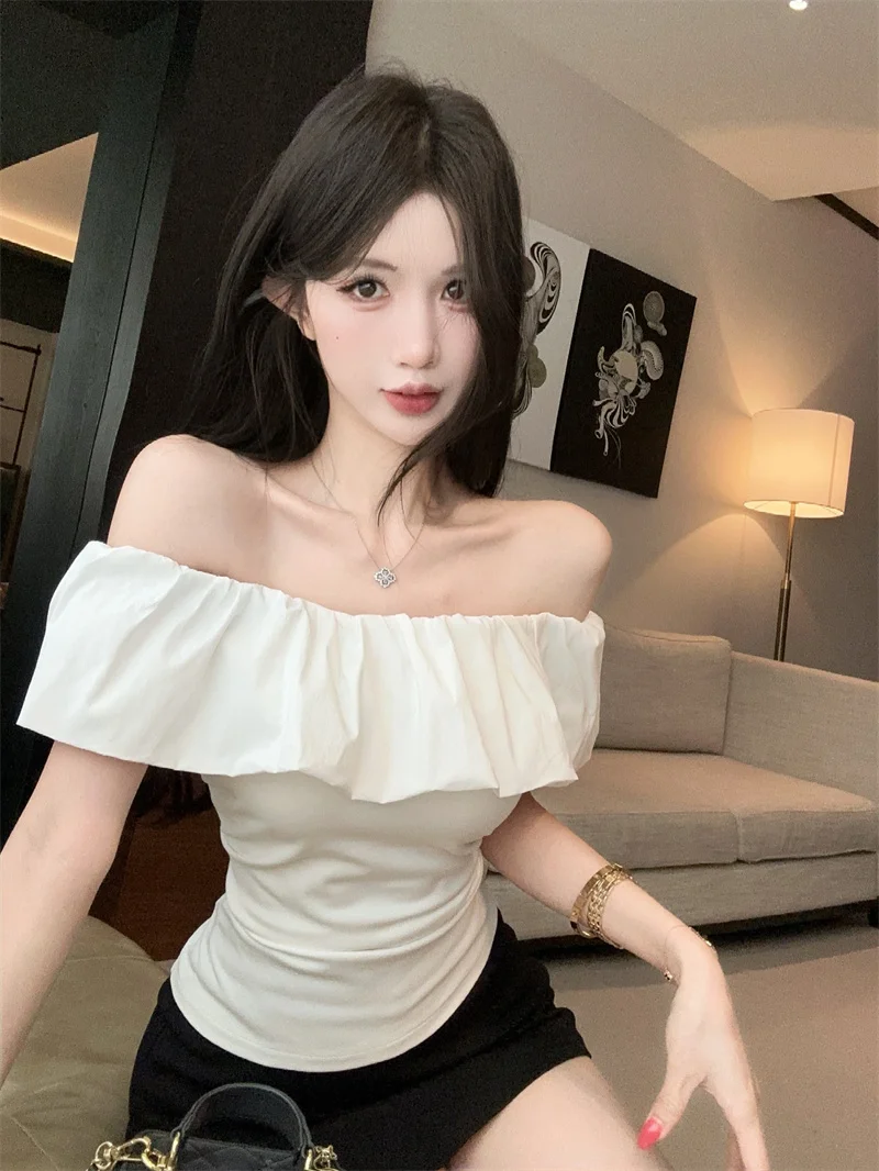 

Unique Pure Desire Short Shoulder Bared Hemline Design Women's Top Korean Style Knitted Standard Waist Slimming Summer Shirt