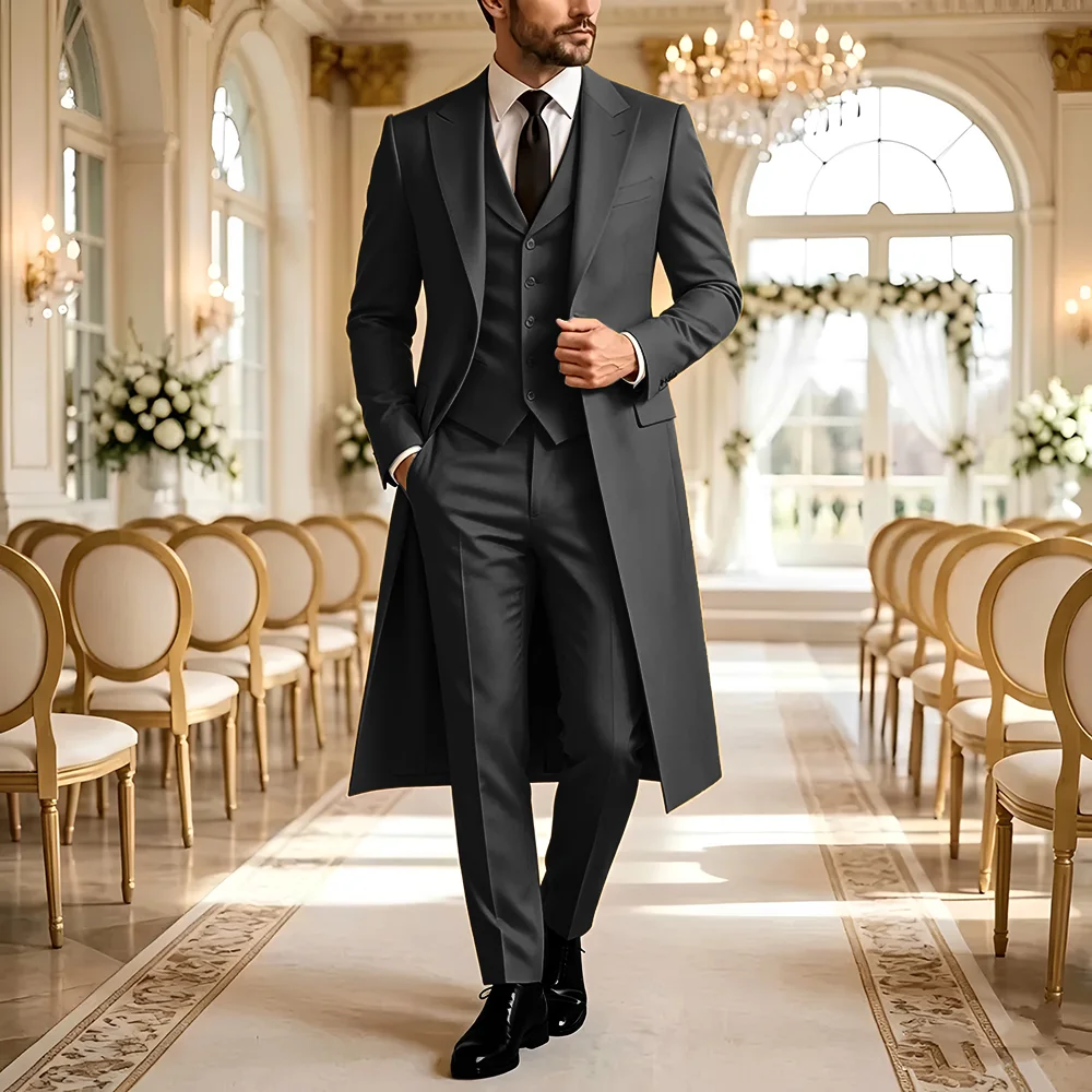Long Wedding Suits for Men 3 Pieces Peak Lapel Groom Tuxedo Jacket with Vest Pants Formal Prom Party Slim Fit Suit and Separates