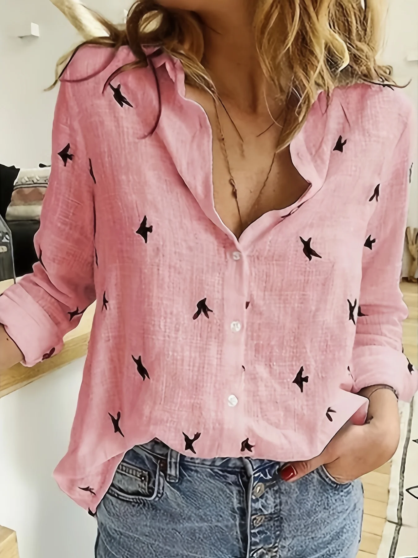 Spring and Autumn Women's Linen Fabric Casual Long Sleeve Shirts, Bird Print Button Front Shirts