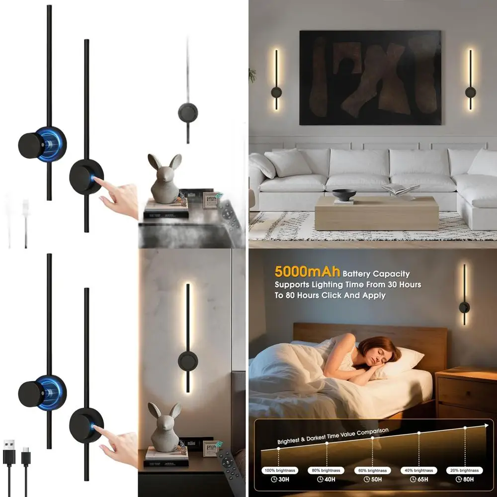

Pair of Rechargeable 360° Rotating LED Wall Sconces with Remote, 3CCT Dimmable, USB Charging, for Bedroom (27.8, 2 Batteries)