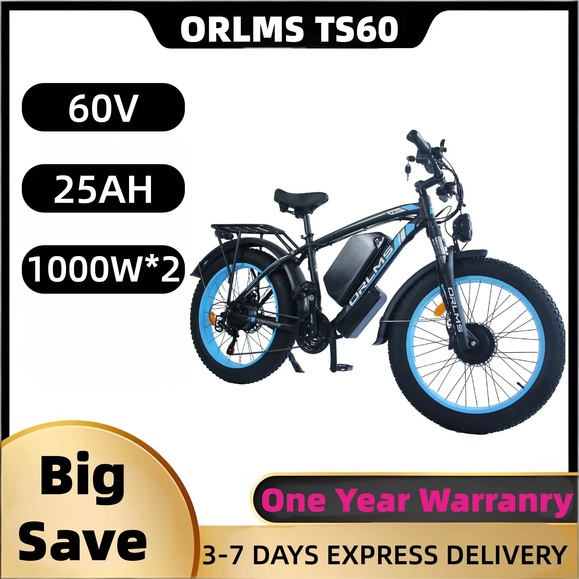 

ORLMS TS60 Adult Electric Bicycle 1000W*2 Motor Men's E-bike 60V25AH Battery E-bike 26" Fat Tire Men's E-Mountain ebike