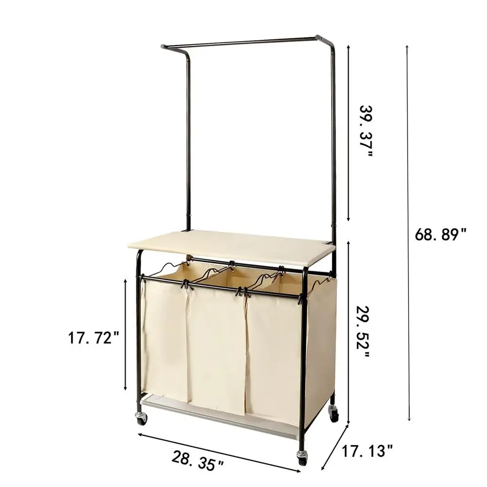 3 Section Laundry Sorter with Hanging Rod Foldable Ironing Board Laundry Hamper Organizer Heavy Duty Cart Sorting Clothes Metal