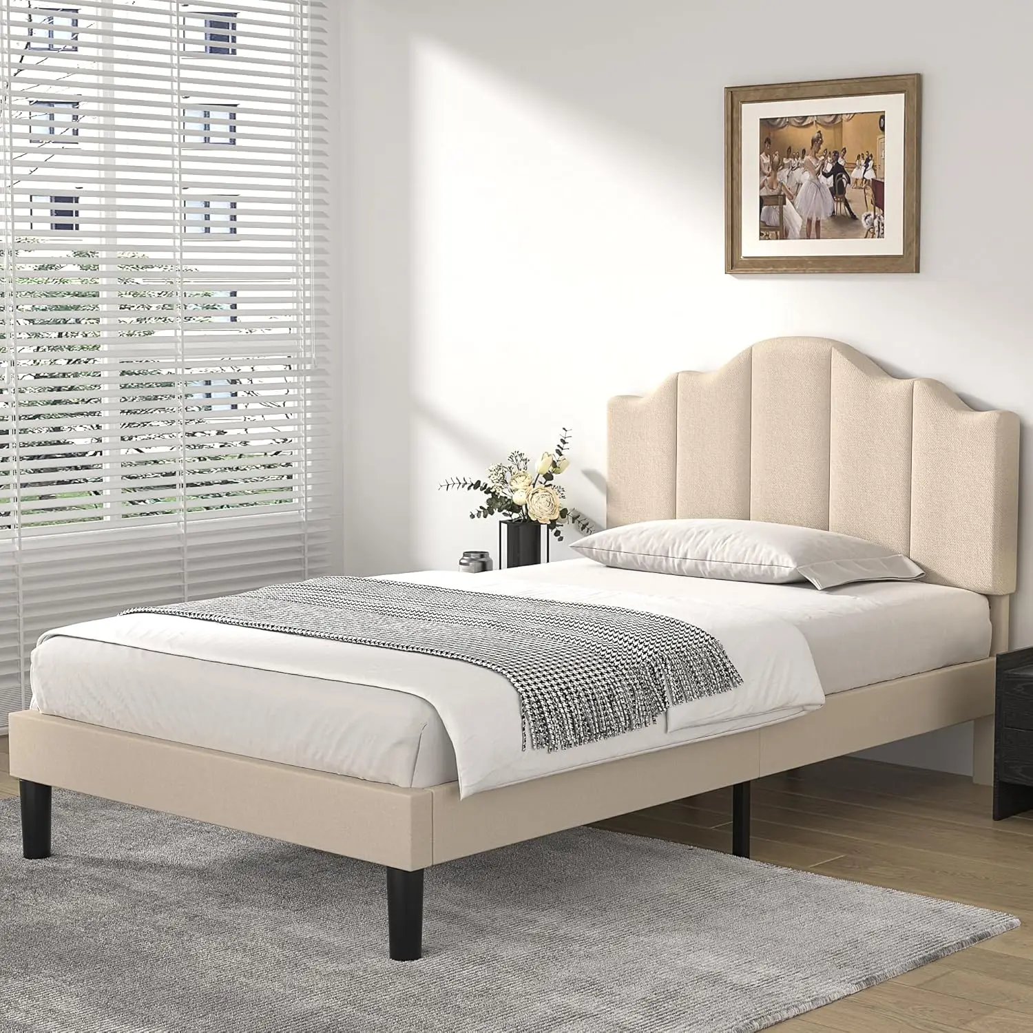 Twin Size Upholstered Platform Bed Frame with Adjustable Headboard, Wood Slat Support and Noise-Free, No Box Spring Needed, Easy