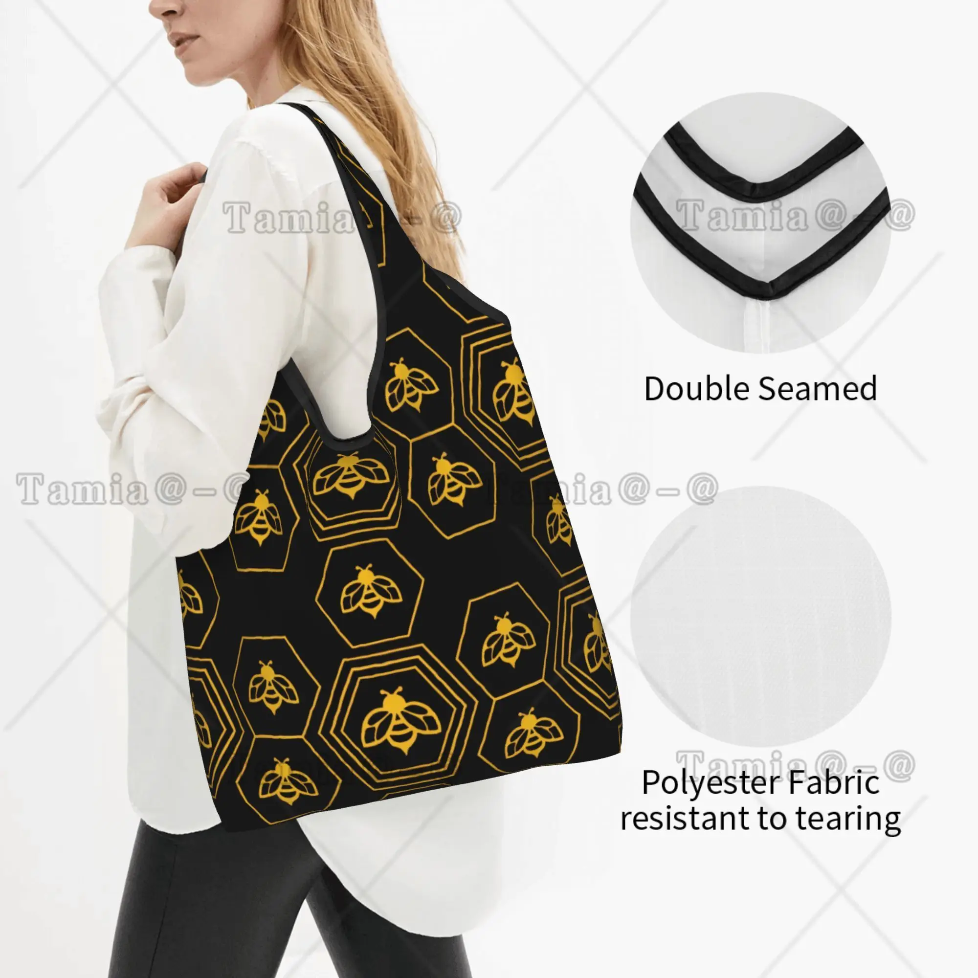 Hexagon Geometric Bee Comb  Grocery Shopping Bags Fashion Shopper Tote Shoulder Bag Honeycomb Yellow Bees Against  Handbag
