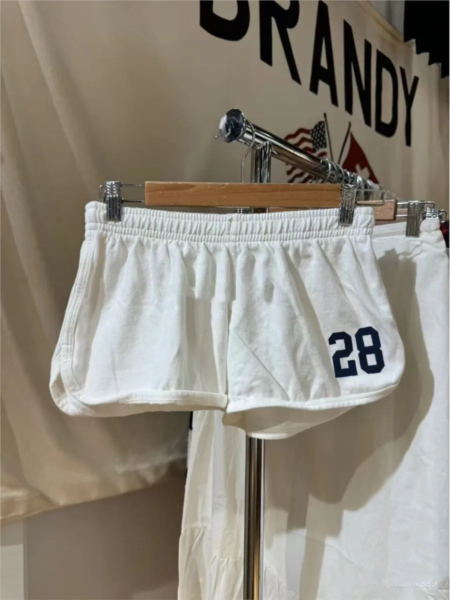 Vintage NO.28 Letter Print Raw Hem Sport Shorts Women New Cotton Casual Streetwear Drawstring Short All-match Basic Sweatshorts