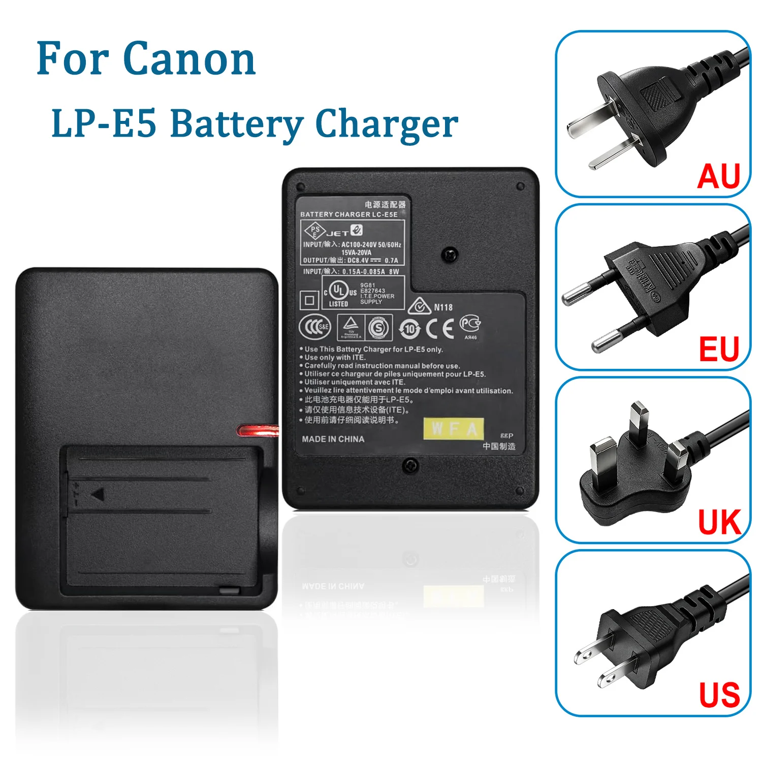 LC-E5/LC-E5C Batterieladegerät für Canon LP-E5 EOS Kiss X2, Kiss X3, Rebel T1i, Rebel XS, Rebel Xsi, 450D, 500D, 1000D Kamera – Detail 1