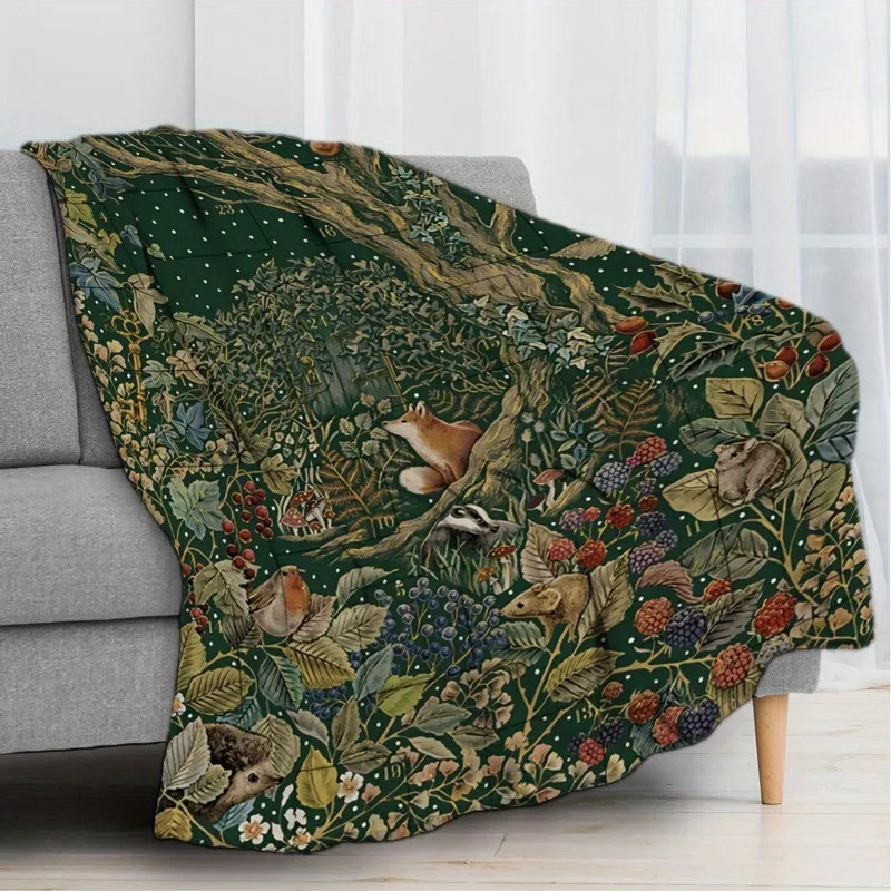 1 forest themed flannel blanket - thickened all season soft plush bed cover green leaves and animal prints