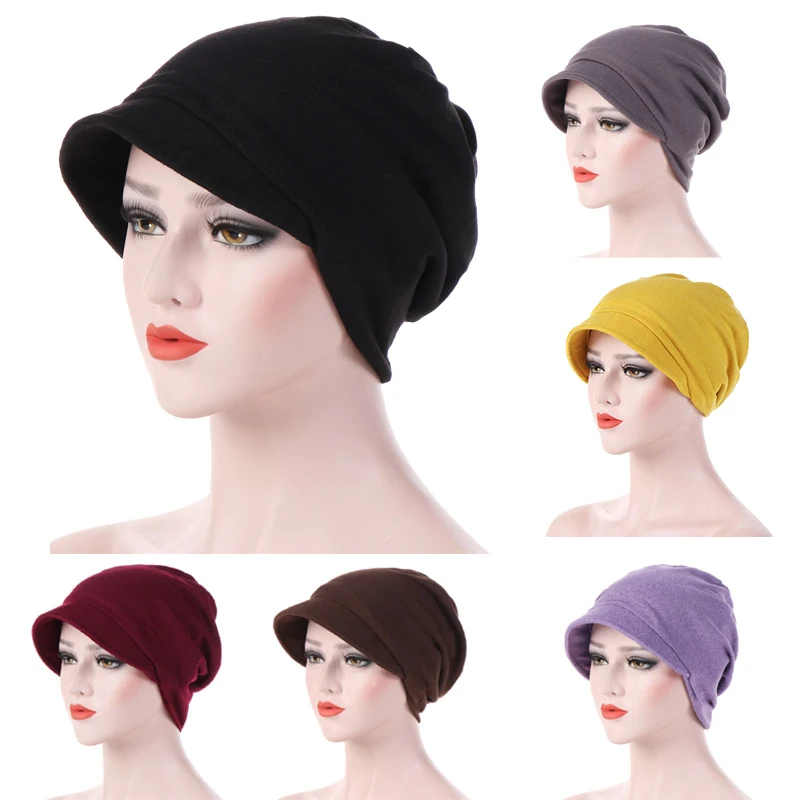 2023 New Turban Cap For Women Plain Brim Hats Stretch Chemo Loss Head Wrap Beanie Casual Head Wrap Warm Windproof