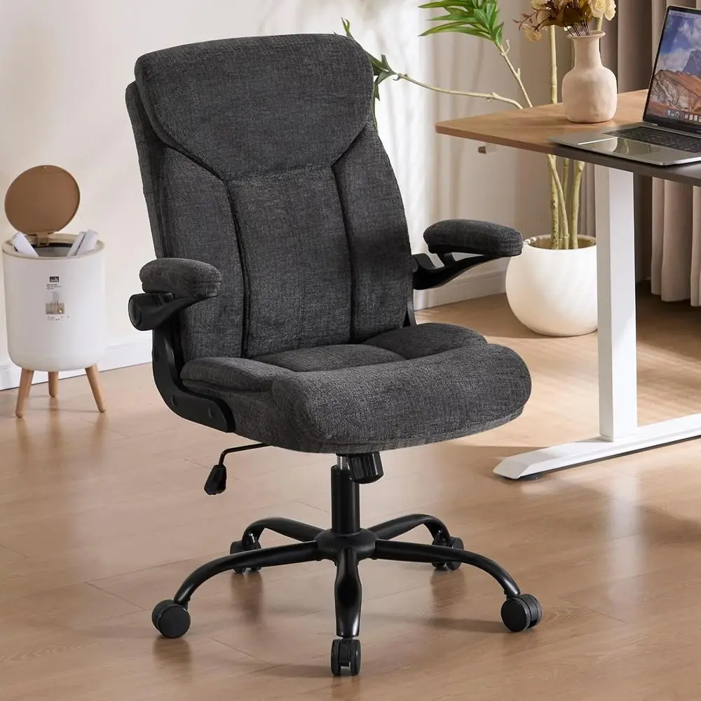 

Ergonomic Fabric Computer Chair with Flip-Up Armrests, Lumbar Support, 360° Swivel and Rocking for Home Office, Grey