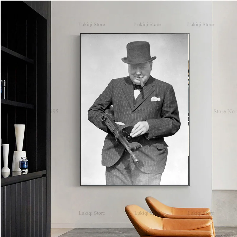 Poster Prints Gift Winston Churchill Portrait Gun With Cigar Black White Canvas Painting Wall Art Picture Living Room Home Decor