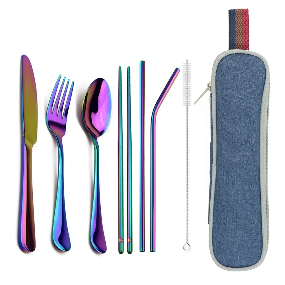 Travel Hiking Dinnerware Set with Reusable Metal Straw Cutlery Stainless Steel Spoon Fork Chopsticks Silverware Portable Pouch